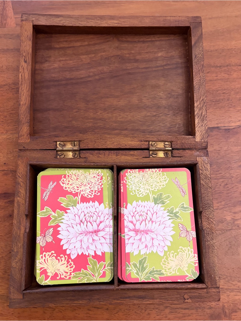 Vintage Sheesham Wood Brass Box Caspari "Tonkin" Double Deck Playing Card Set